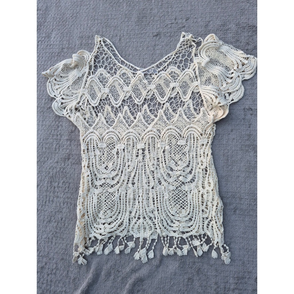 Issi Womens Crochet Lace Top Cream Boho Tassel Fringe Cotton TJ3001 Large